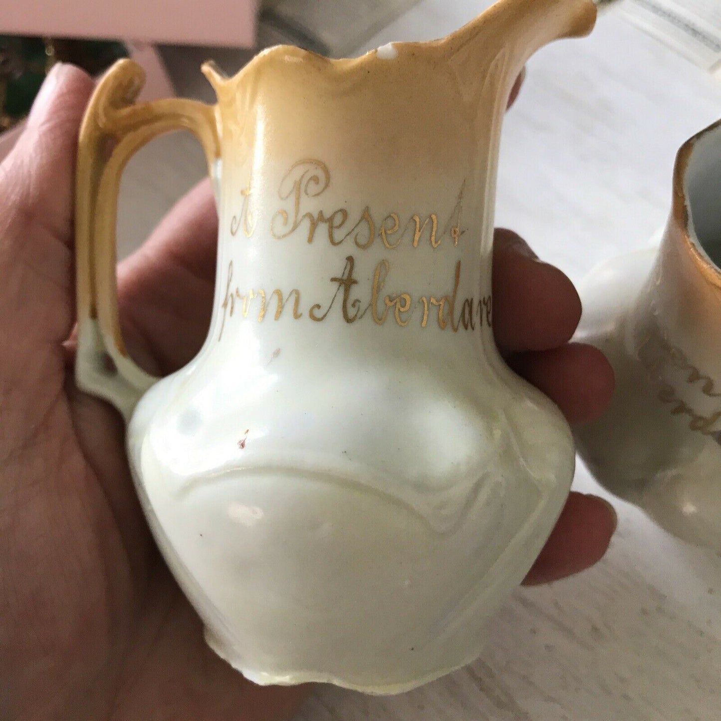 2 x Antique Art Nouveau Welsh Ceramic Mini Jugs. Aberdare Souvenir C19th