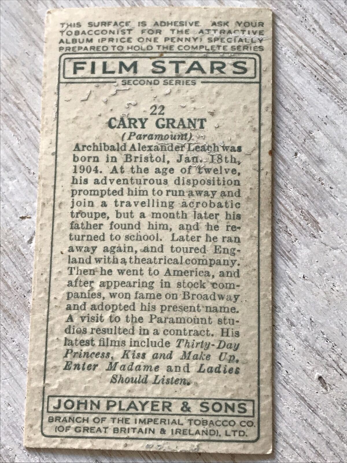 Players Cigarette Card Film Stars 2nd Series 22 Cary Grant Hollywood Actors