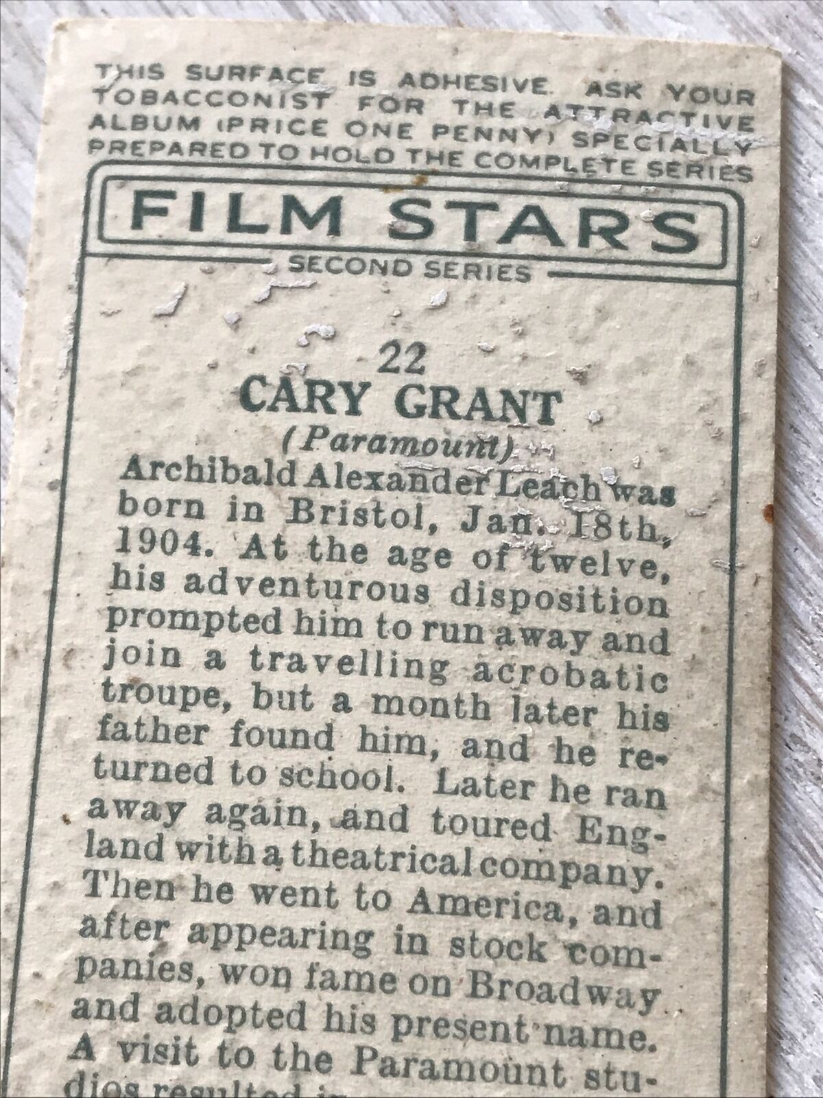 Players Cigarette Card Film Stars 2nd Series 22 Cary Grant Hollywood Actors