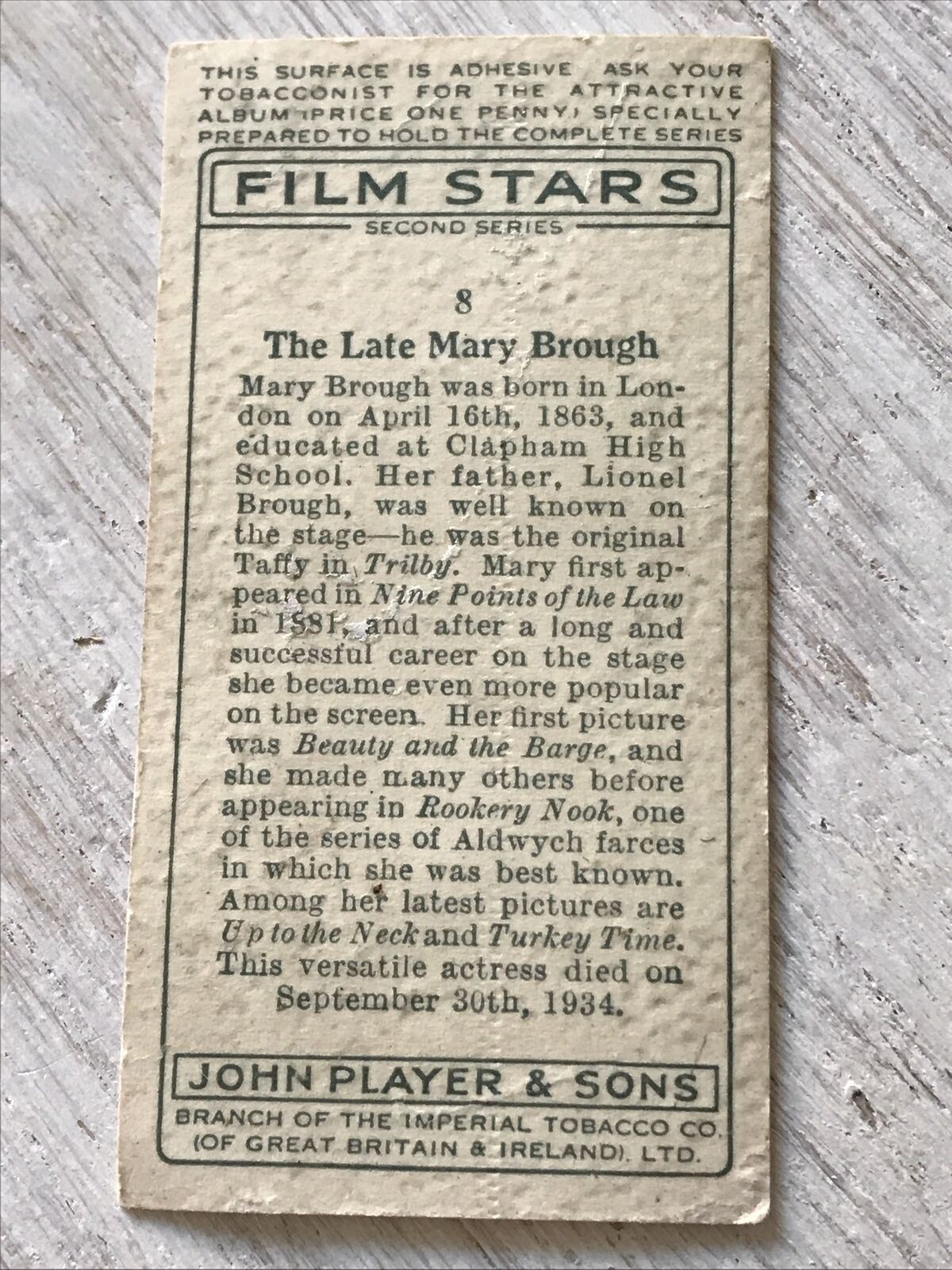 Players Cigarette Card - Film Stars 2nd Series - No. 8 - The Late Mary Brough - Beauty & the Barge