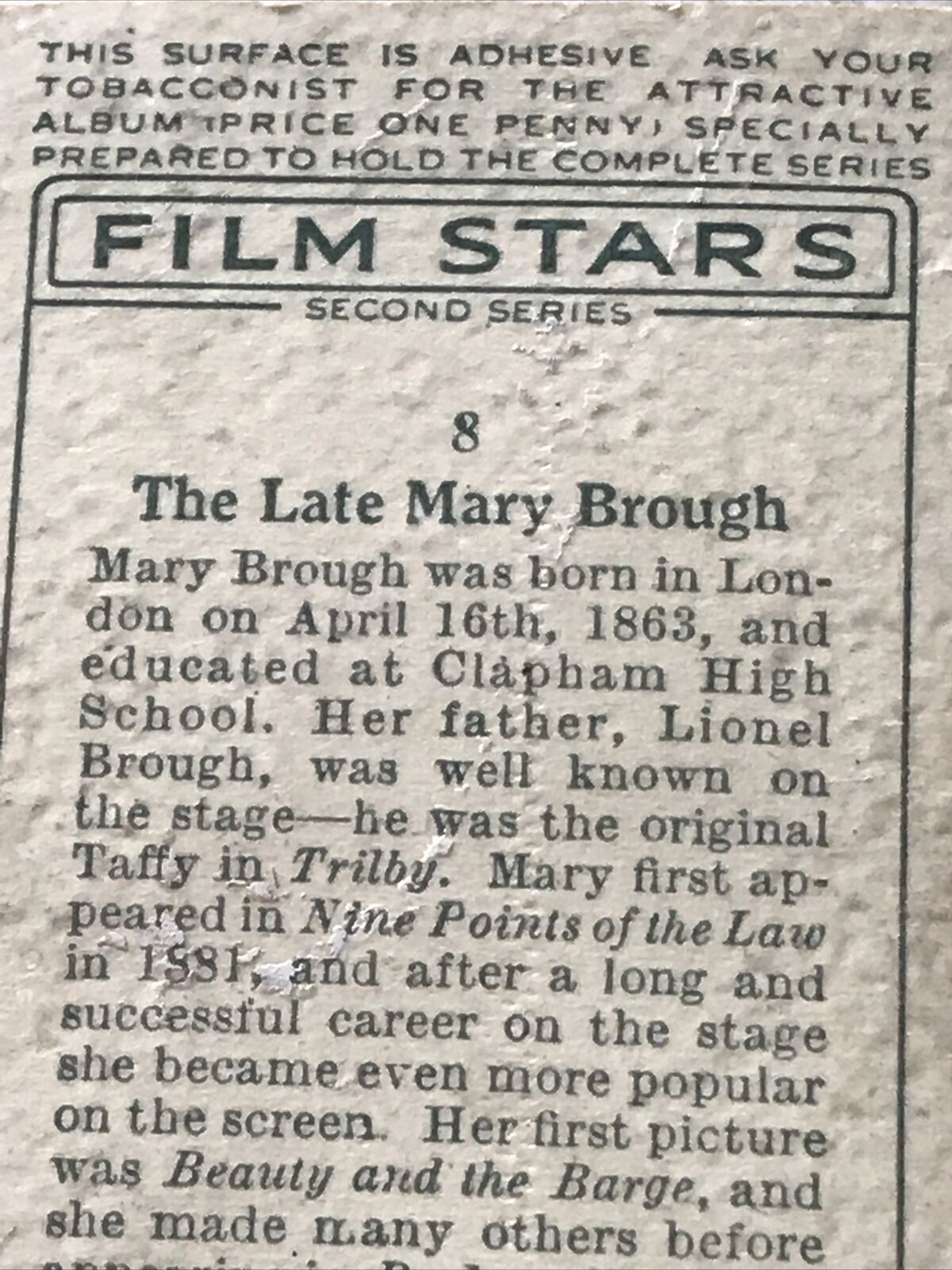 Players Cigarette Card - Film Stars 2nd Series - No. 8 - The Late Mary Brough - Beauty & the Barge