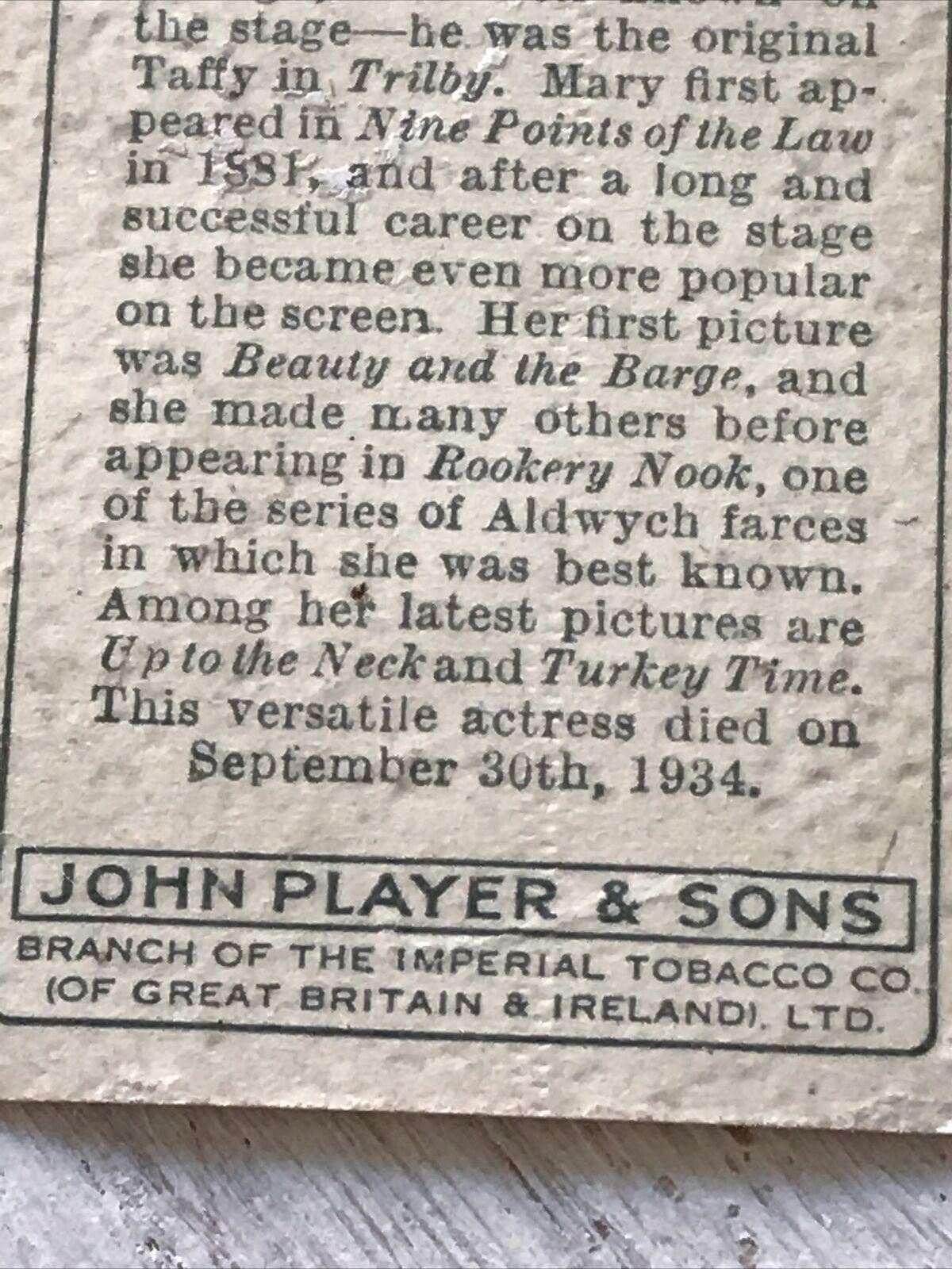 Players Cigarette Card - Film Stars 2nd Series - No. 8 - The Late Mary Brough - Beauty & the Barge