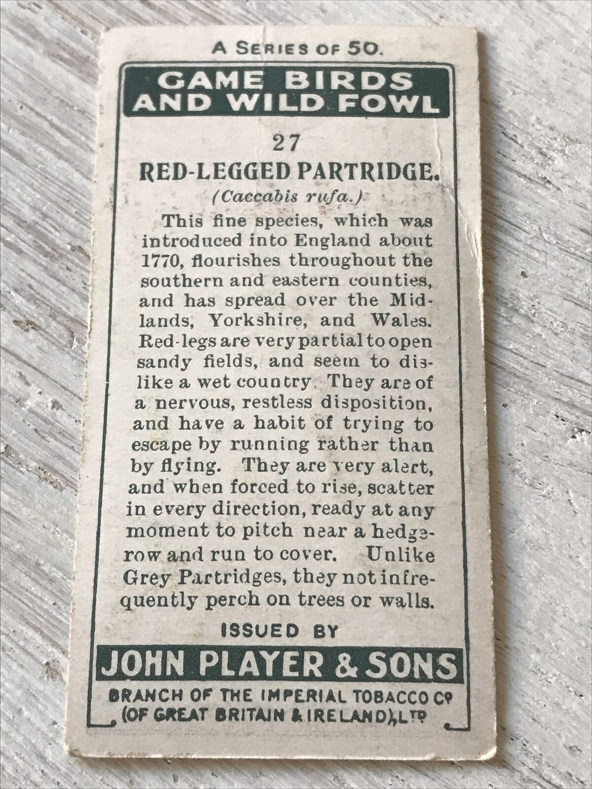Players Cigarette Card - Game Birds & Wild Fowl - No.27 - Red Legged Partridge - Vintage