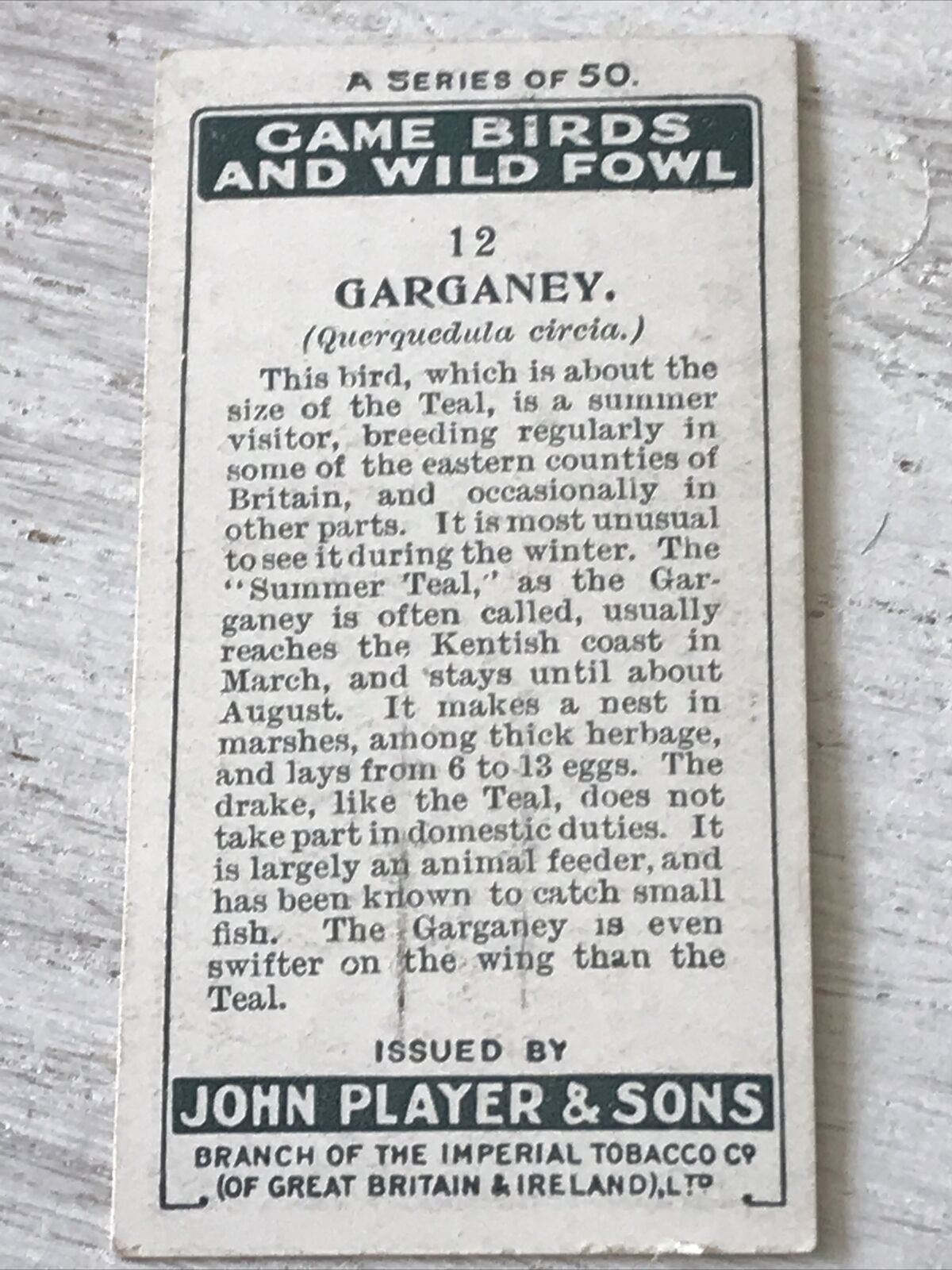Players Cigarette Card Game Birds & Wild Fowl 12 Garganey Summer Teal Vintage