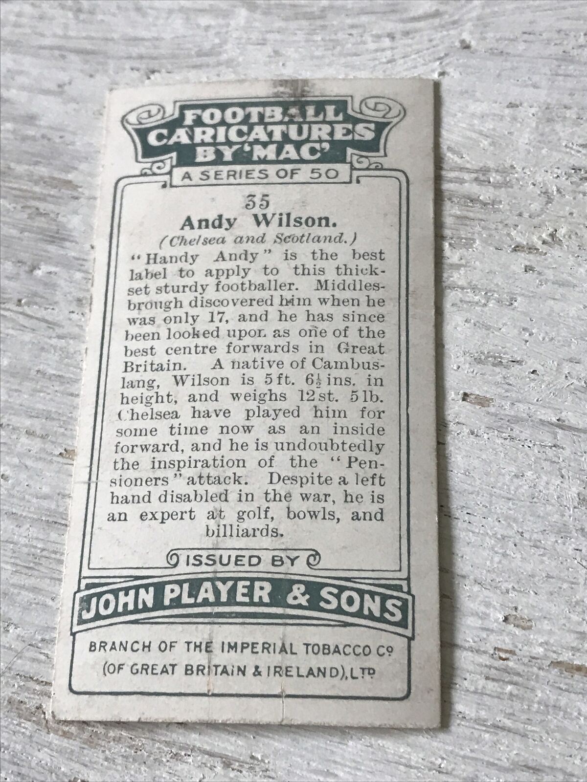 Players Cigarette Card Football Caricatures By Mac 35 Andy Wilson Handy Andy 1920s