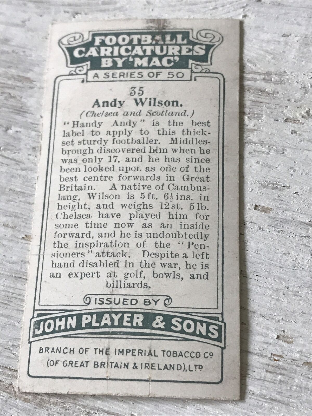 Players Cigarette Card Football Caricatures By Mac 35 Andy Wilson Handy Andy 1920s