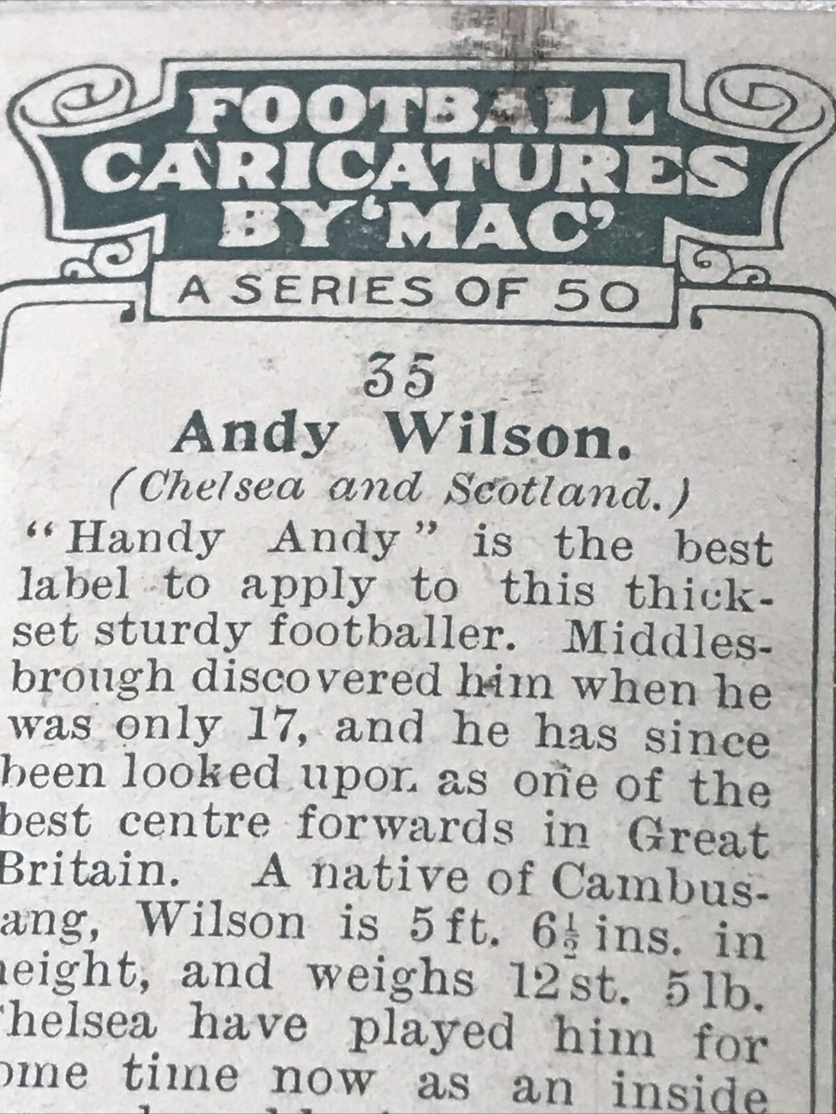 Players Cigarette Card Football Caricatures By Mac 35 Andy Wilson Handy Andy 1920s