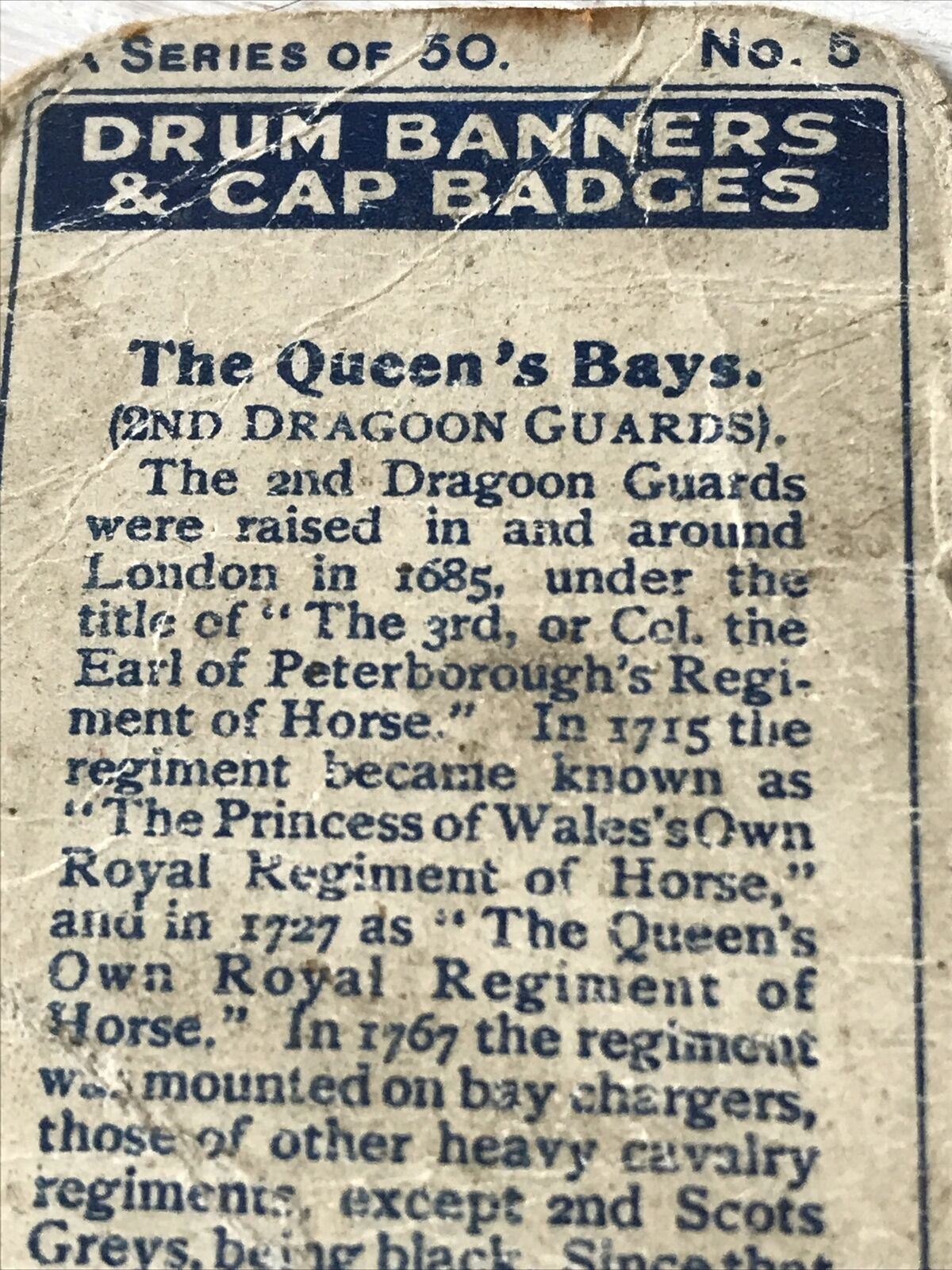 Players Cigarette Card Drum Banners & Cap Badges 5 Queen’s Bays 2nd Dragoon 1920s 1924