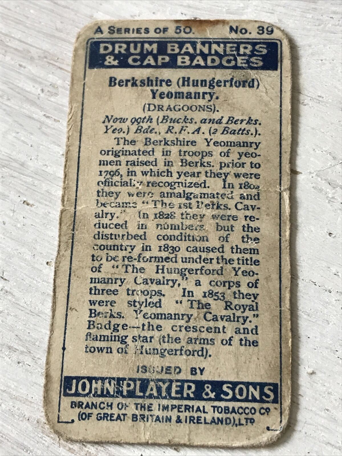 Players Cigarette Card Drum Banners & Cap Badges 39 Berkshire Hungerford Yeomanry