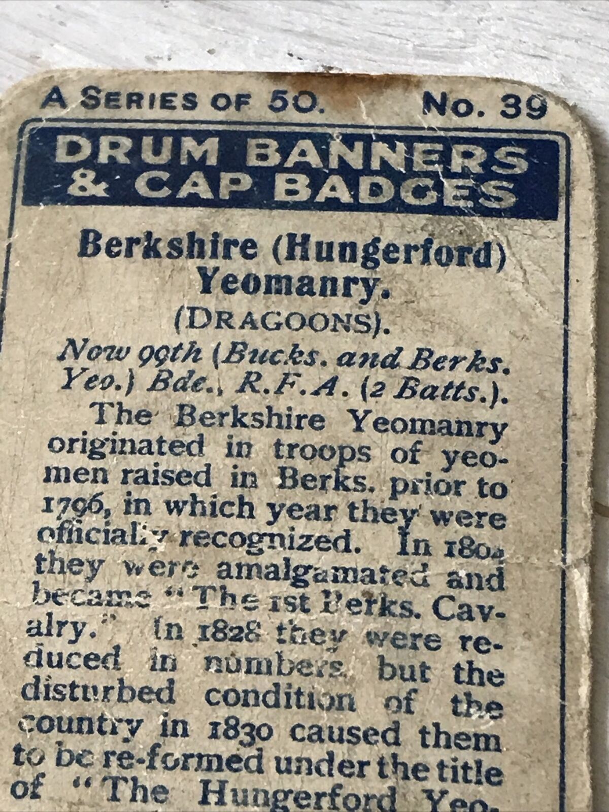 Players Cigarette Card Drum Banners & Cap Badges 39 Berkshire Hungerford Yeomanry