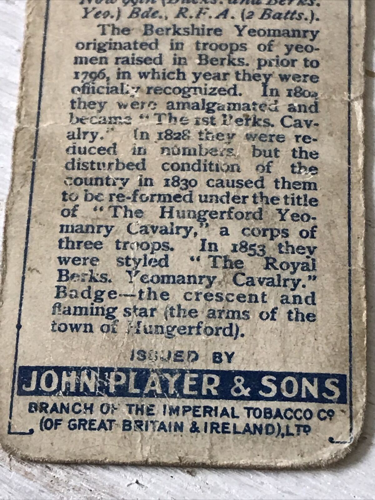 Players Cigarette Card Drum Banners & Cap Badges 39 Berkshire Hungerford Yeomanry