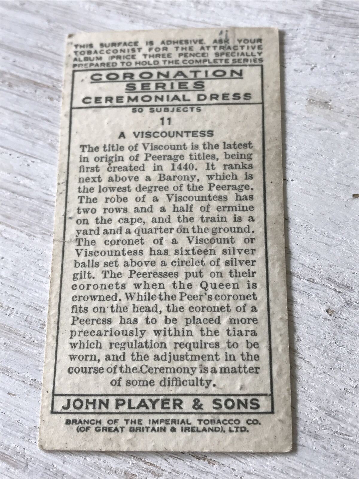 Players Cigarette Card Coronation Series Ceremonial Dress 11 Viscountess British. 1937 1930s