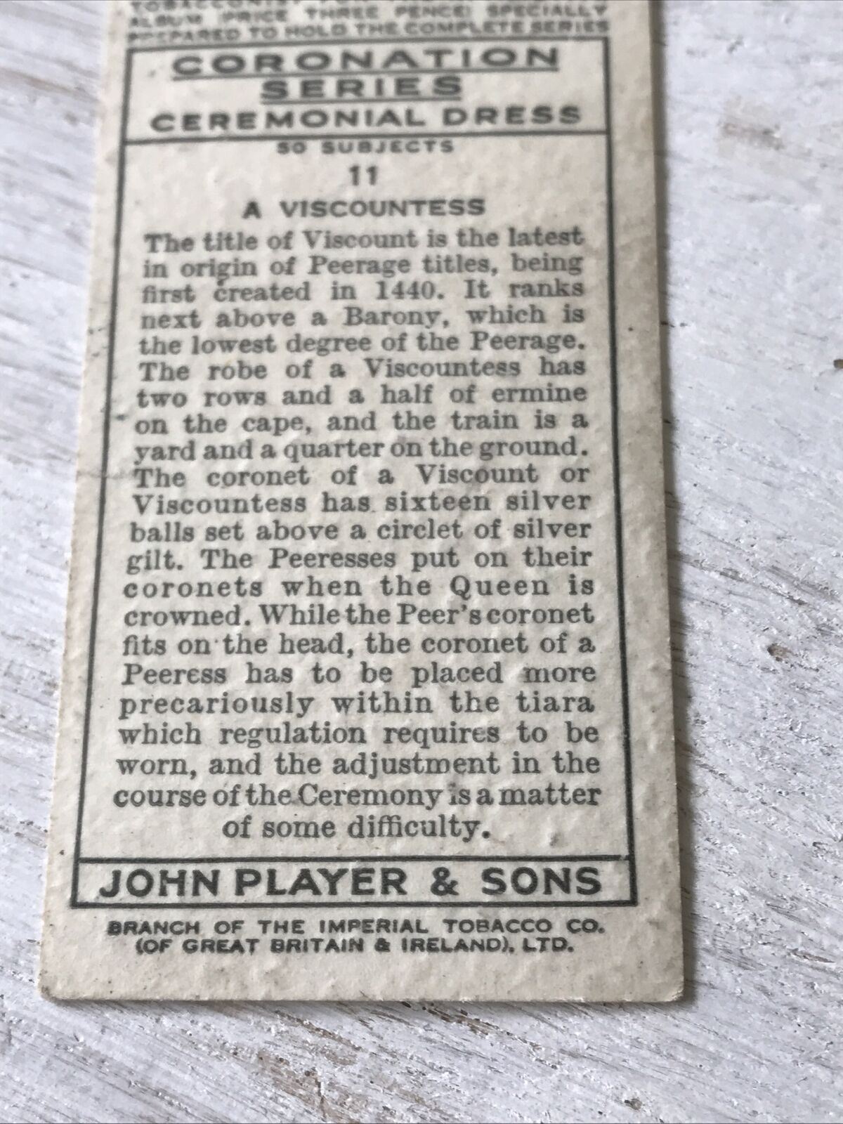 Players Cigarette Card Coronation Series Ceremonial Dress 11 Viscountess British. 1937 1930s