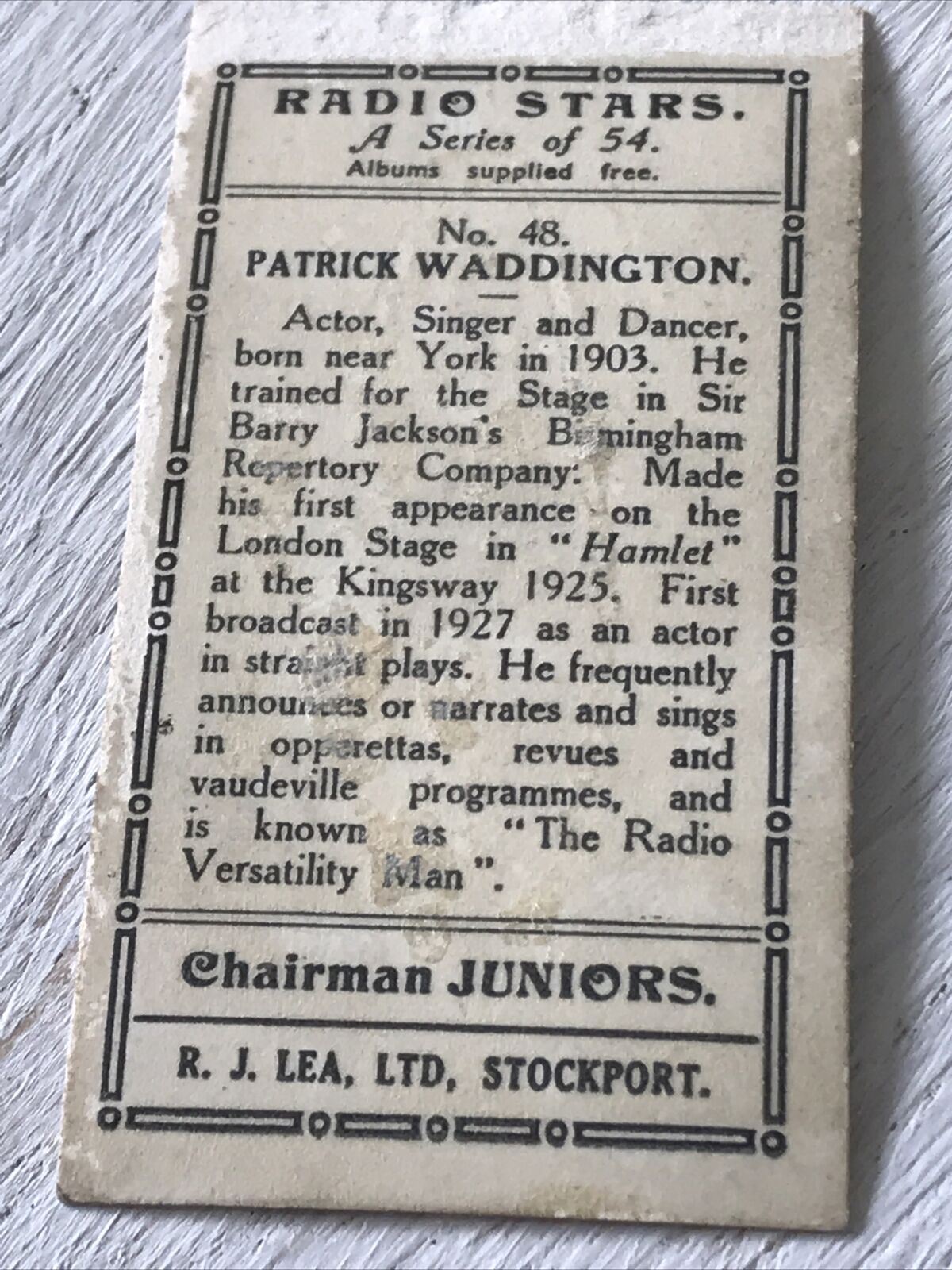 PATRICK WADDINGTON - Chairman Juniors Cigarette Card - Radio Stars - No. 48 - Actor Singer