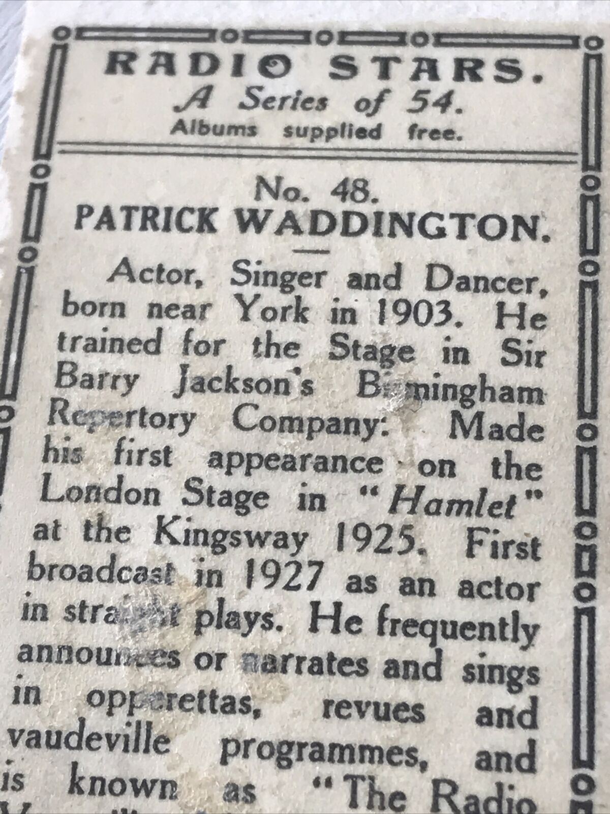 PATRICK WADDINGTON - Chairman Juniors Cigarette Card - Radio Stars - No. 48 - Actor Singer