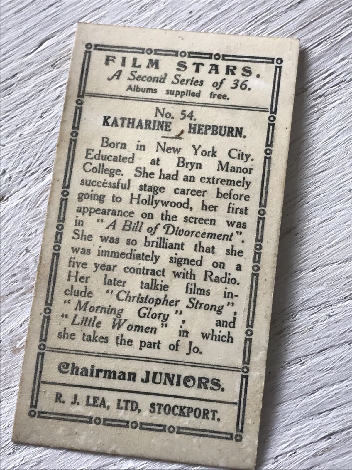 Chairman Juniors Cigarette Card Film Stars 54 Katherine Hepburn Memorabilia
