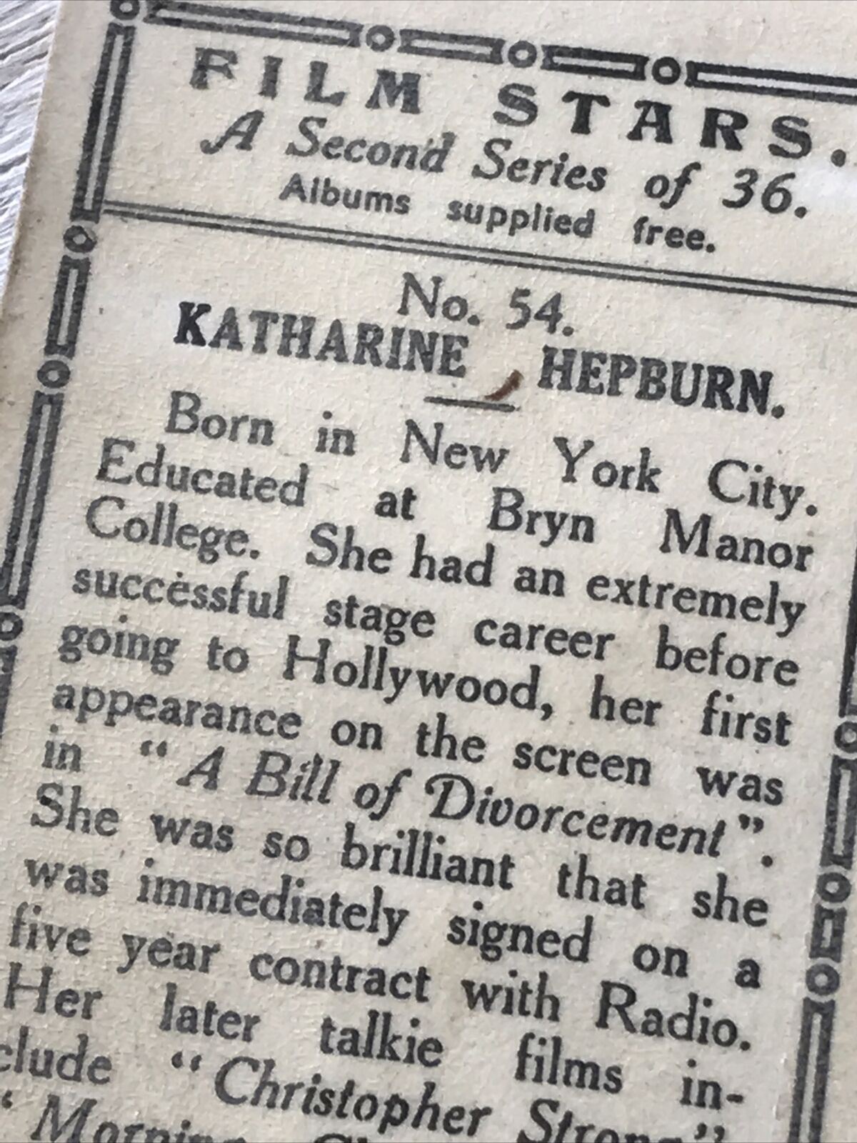 Chairman Juniors Cigarette Card Film Stars 54 Katherine Hepburn Memorabilia