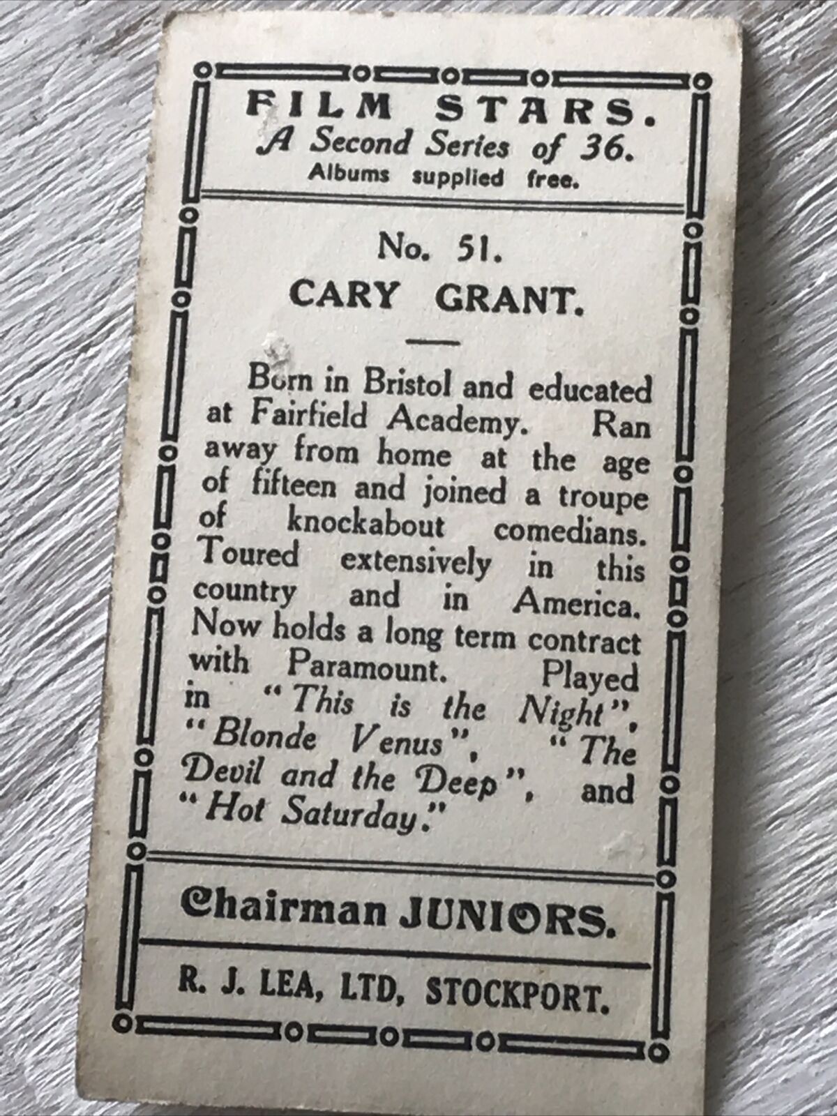 Chairman Juniors Cigarette Card Film Stars 51 Cary Grant Memorabilia Paramount