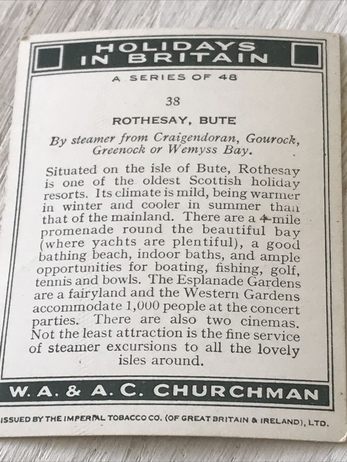 Churchmans Cigarette Card Holidays In Britain 38 Rothesay Bute Vintage Picture