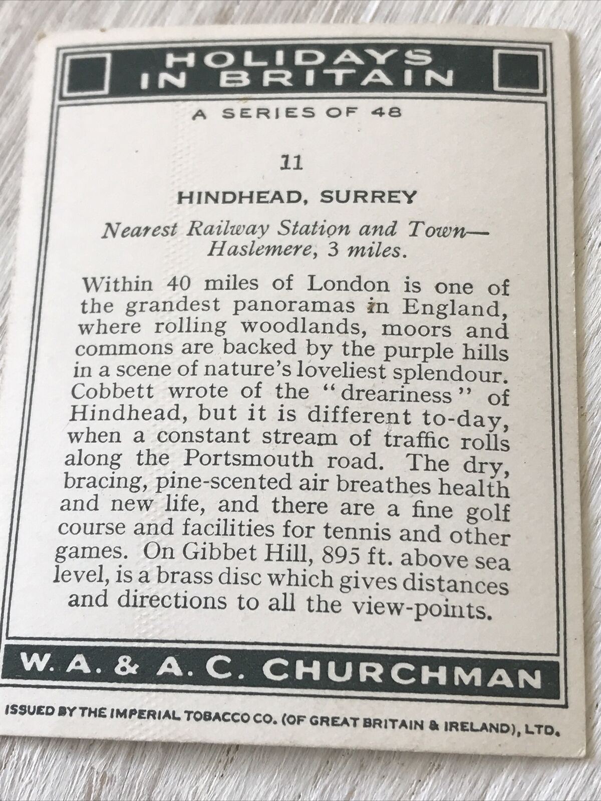 Churchmans Cigarette Card - Holidays In Britain - No. 11 - Hindhead Surrey - Vintage Photo