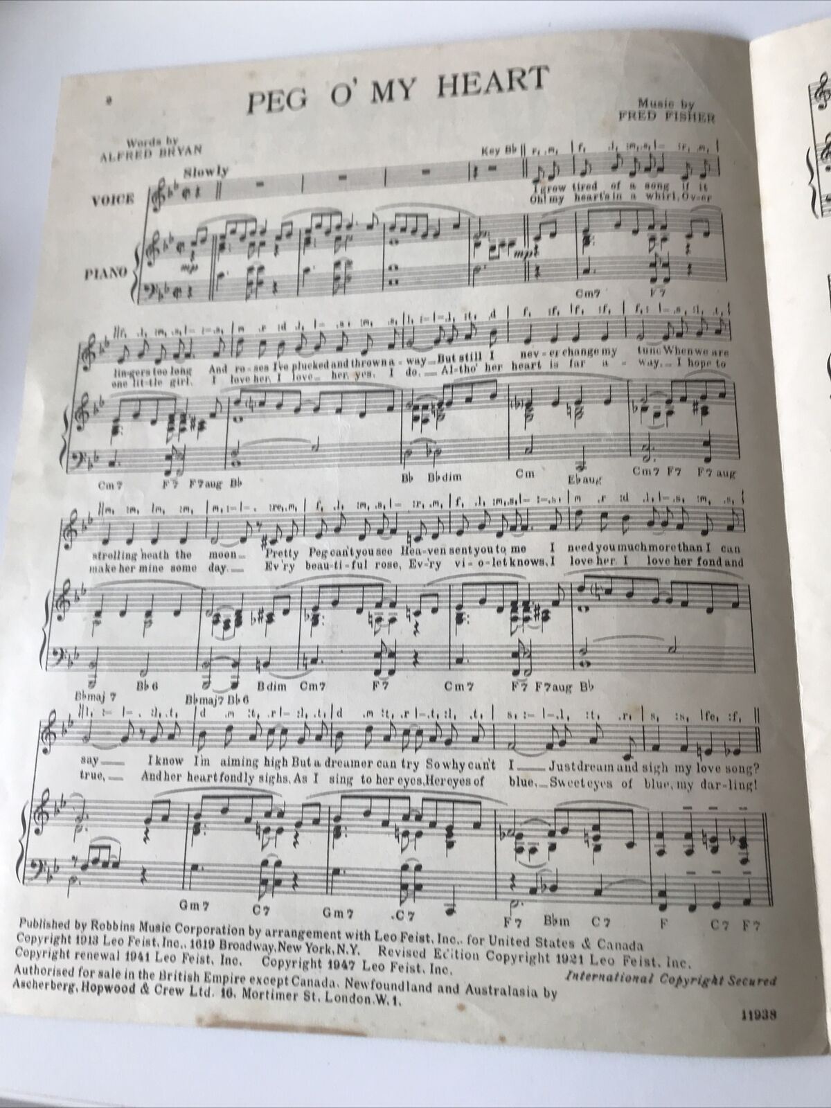 Antique Sheet Music Peg O My Heart. Recorded by Hutch. Leslie Hutchinson cabaret singer. Alfred Bryan Fred Fisher 1921
