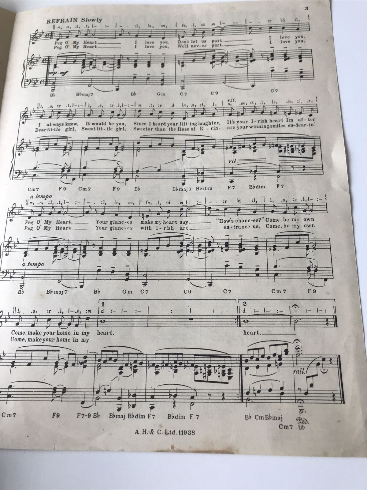 Antique Sheet Music Peg O My Heart. Recorded by Hutch. Leslie Hutchinson cabaret singer. Alfred Bryan Fred Fisher 1921