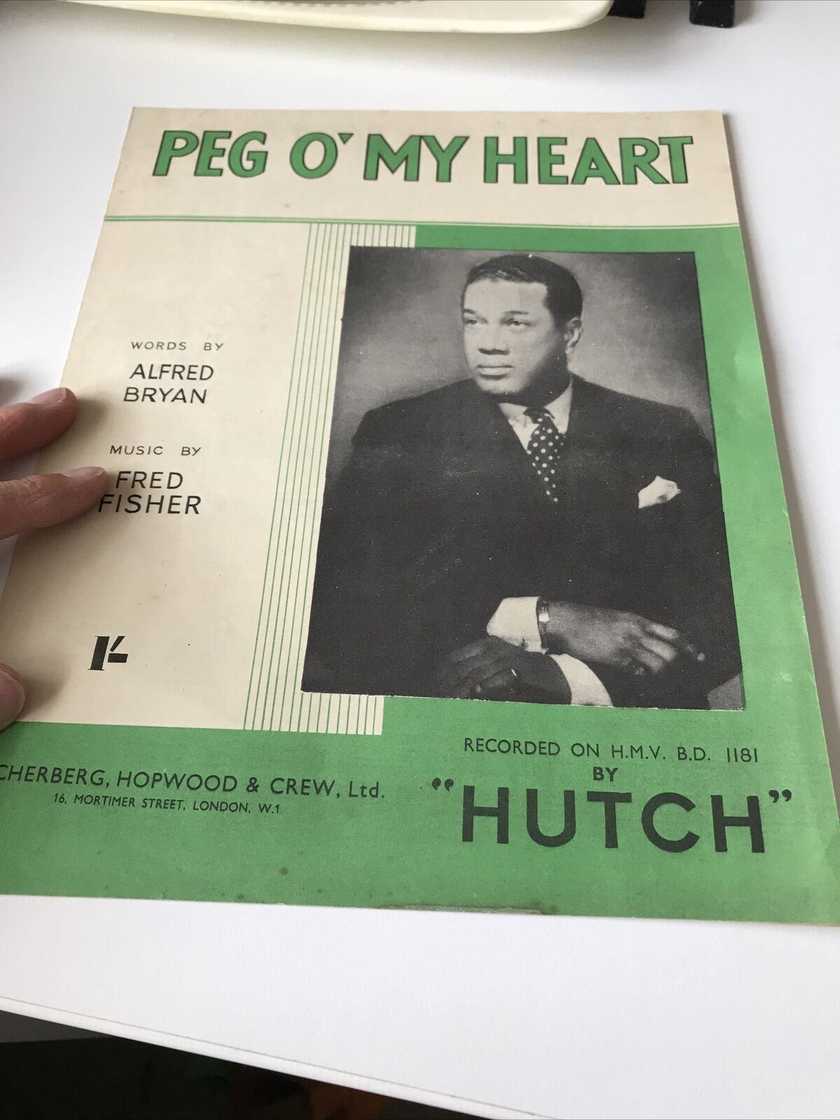 Antique Sheet Music Peg O My Heart. Recorded by Hutch. Leslie Hutchinson cabaret singer. Alfred Bryan Fred Fisher 1921