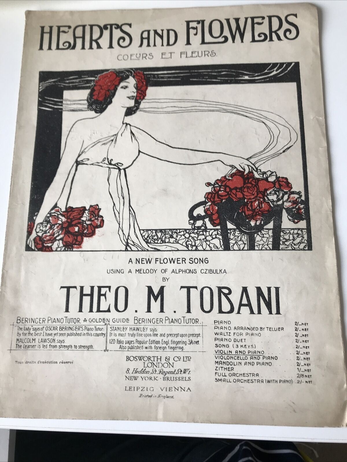 Vintage Sheet Music Beautiful Art Nouveau Cover Hearts & Flowers Theo M Tobani
