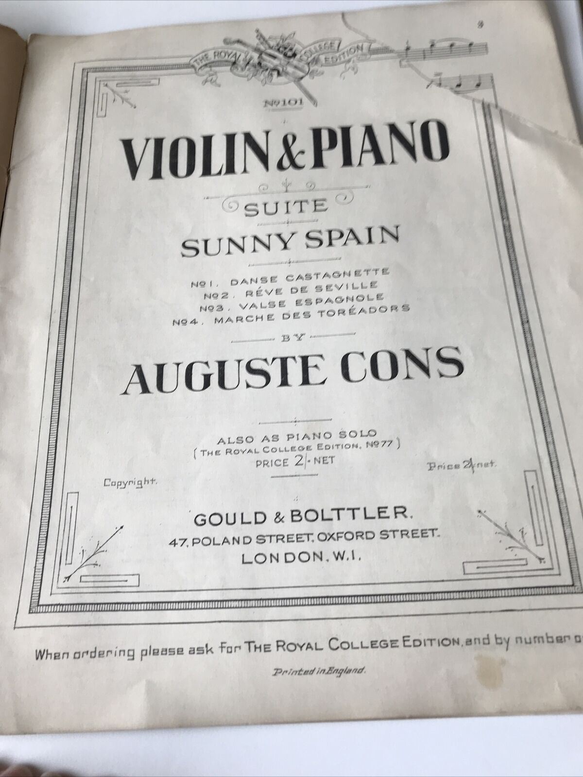 Vintage Sheet Music Auguste Cons Sunny Spain Violin Piano Copyright 1916