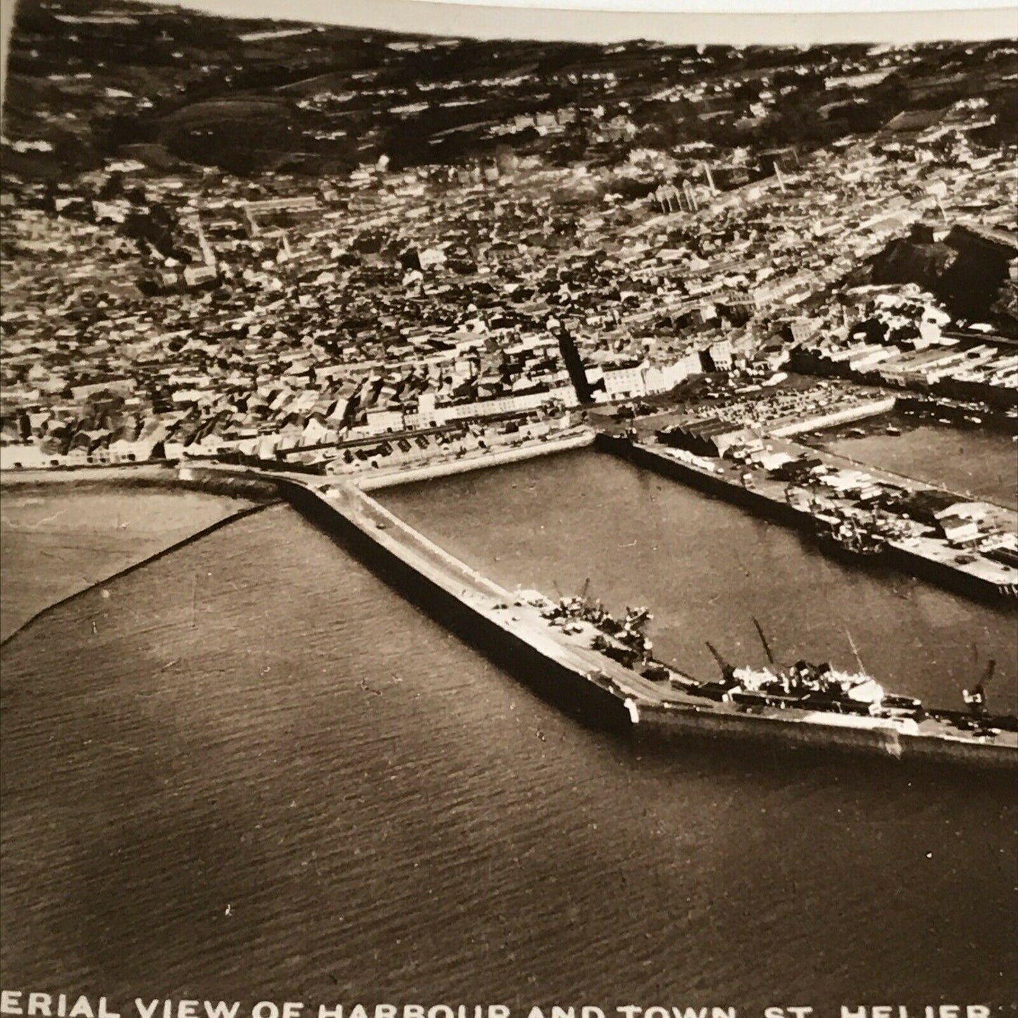 Vintage Postcard - Black White - Aerial View Of Of Harbour And Town - St Helier - Jersey - RP