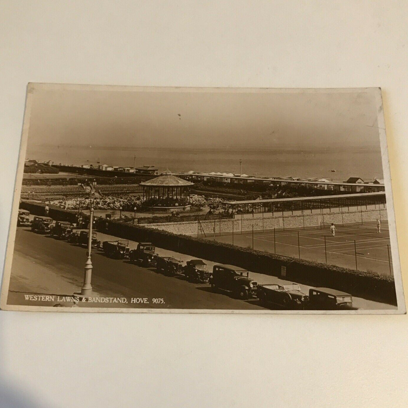 Vintage 1920s / 1930s Postcard - Black and White - Hove - Western Lawns - Bandstand / Sea View / Tennis RP