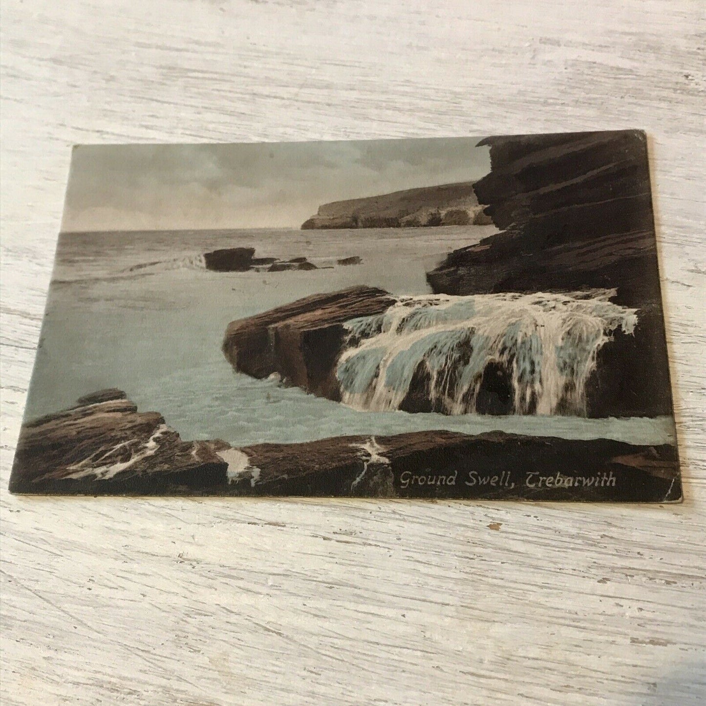 Vintage Postcard Tinted Ground Swell Trebarwith Rocks Sea Cliffs