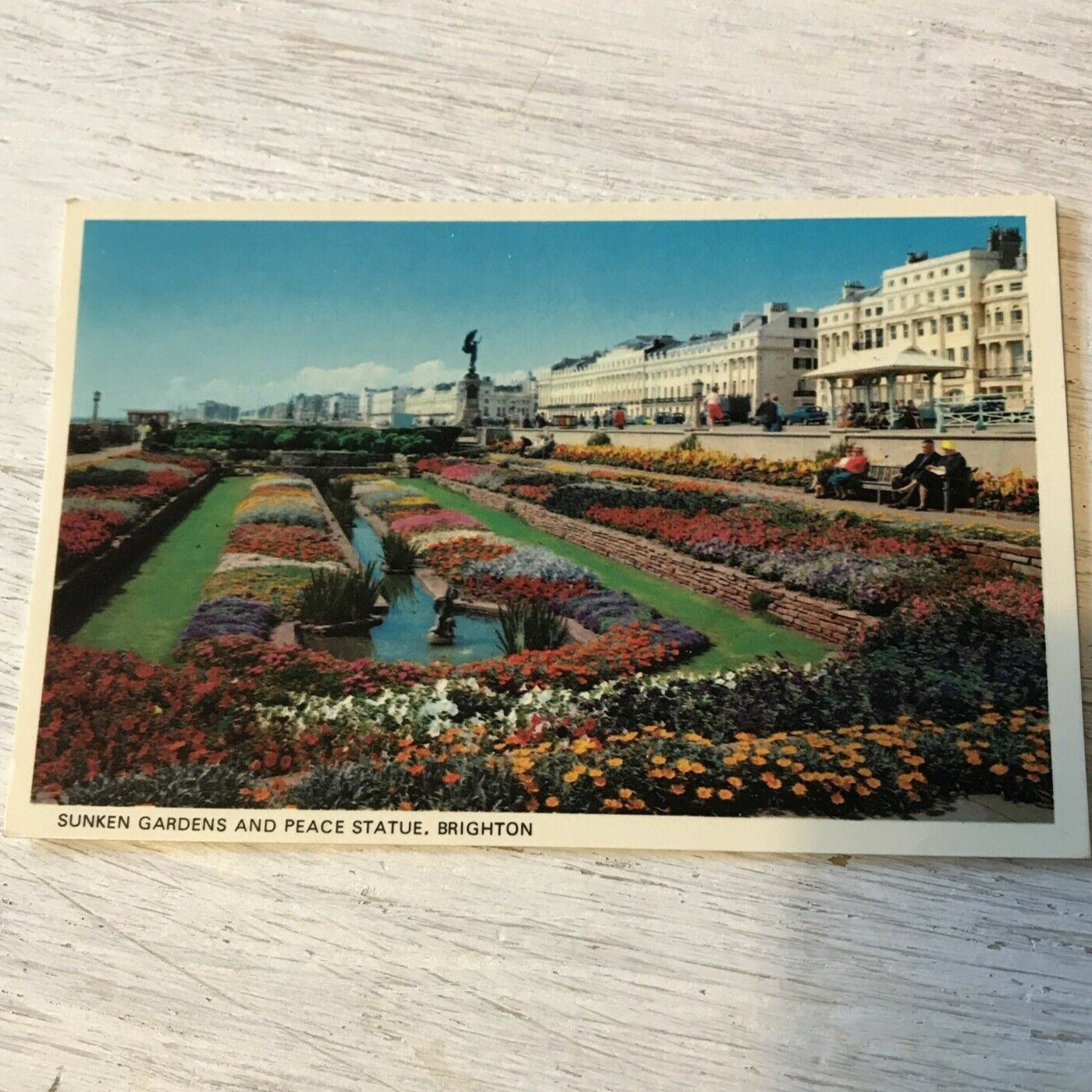 Vintage Postcard ENGLAND - Brighton - Bright Colours Sunken Gardens & Peace Statue Brighton Flowers