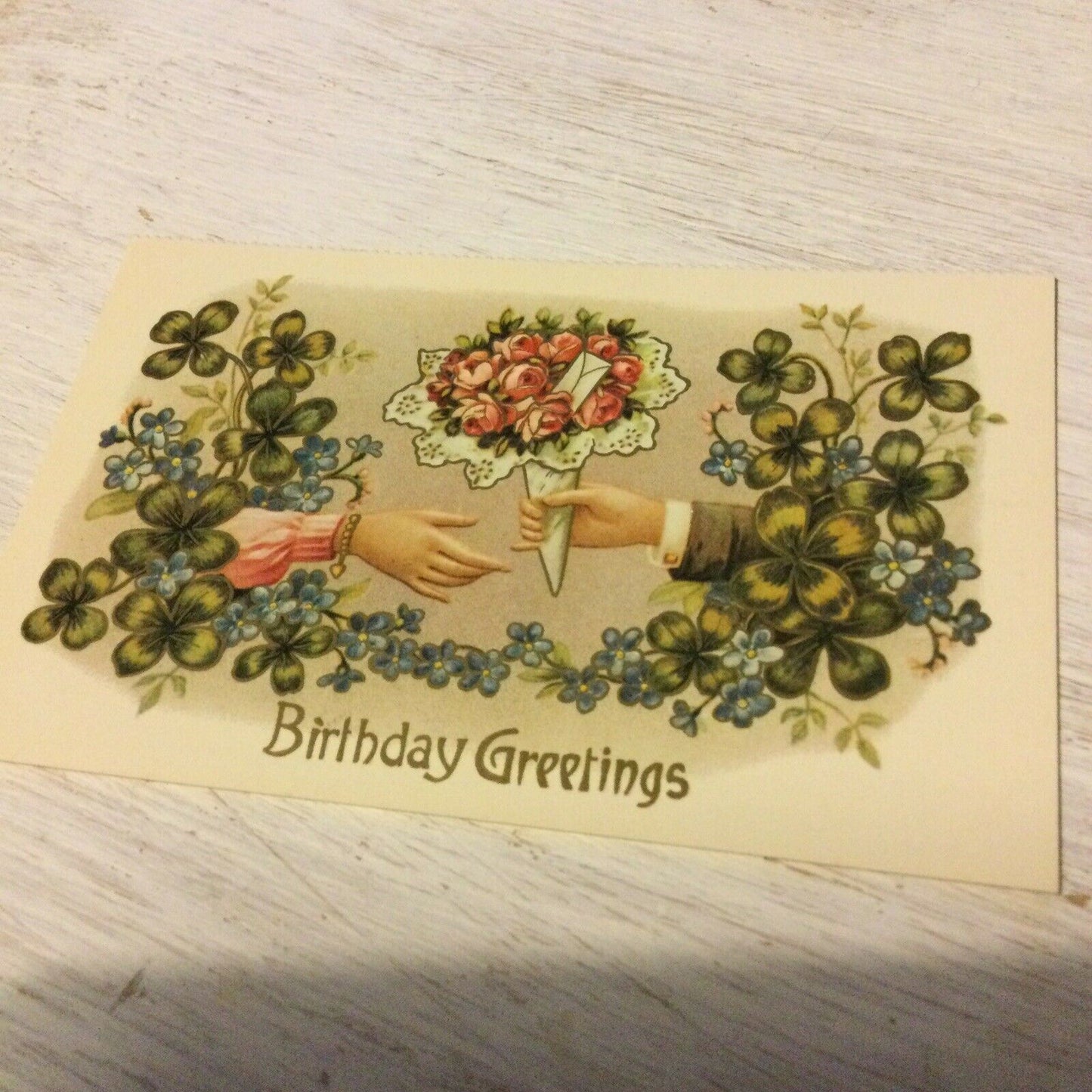 Repro Vintage Birthday Greetings Postcard - Rose Bouquet - Four Leaf Clover - Victorian Style