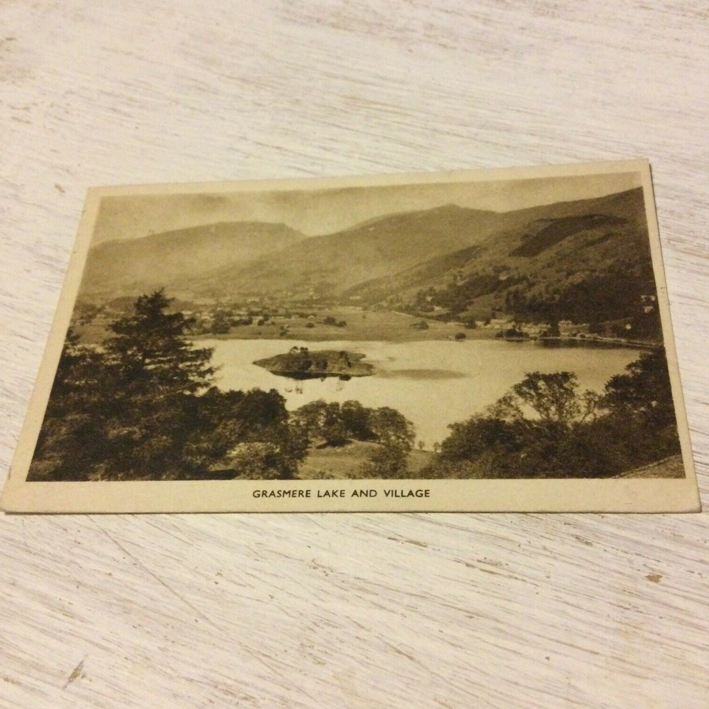 Vintage Postcard - ENGLAND - Grasmere Lake & Village. Lake District. Mountains. Posted 1948. 1940s black and white.