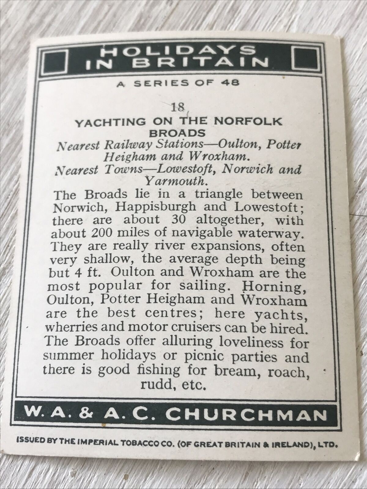 Churchmans Cigarette Card Holidays In Britain 18 Yachting Norfolk Broads Vintage