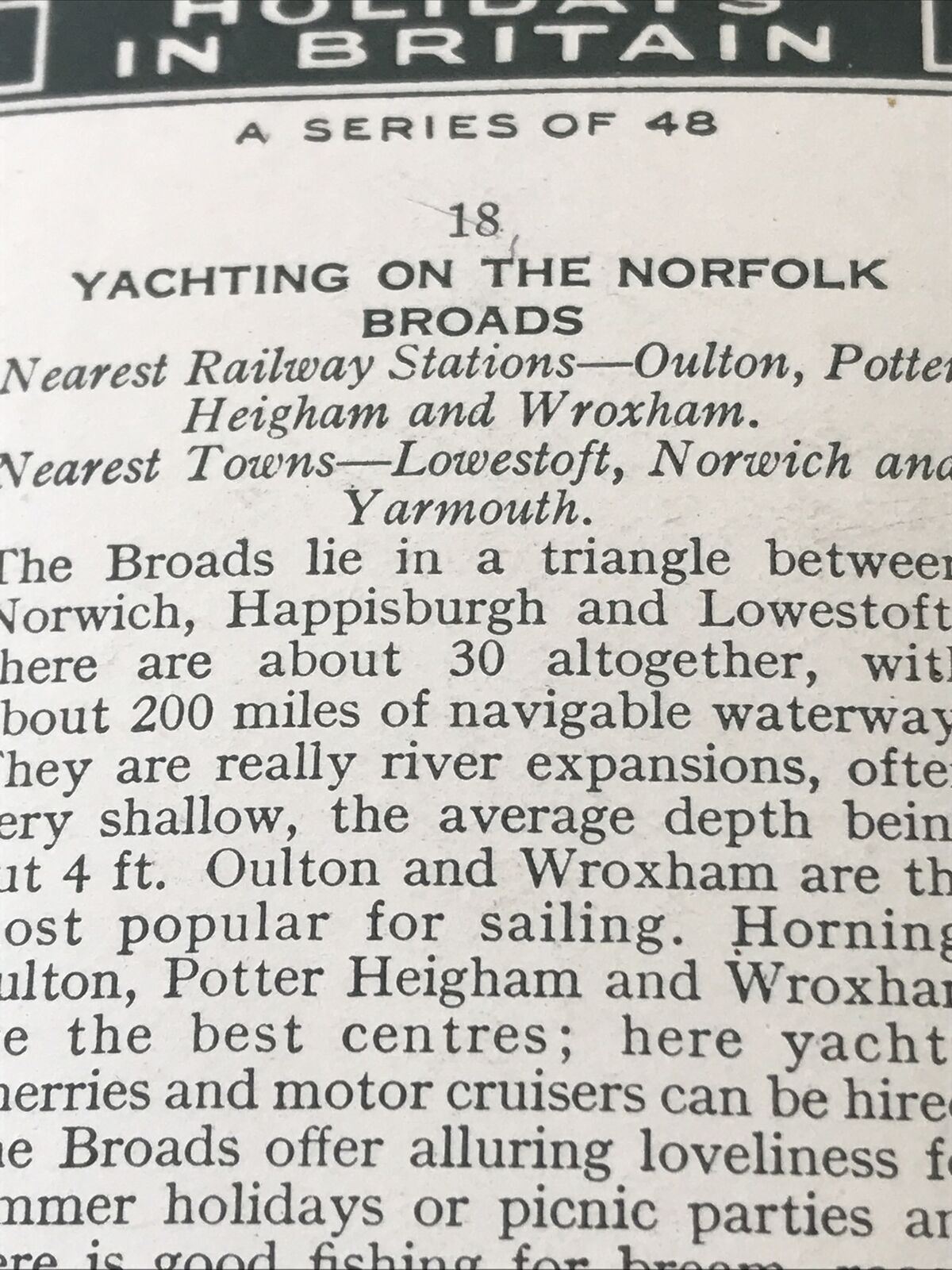 Churchmans Cigarette Card Holidays In Britain 18 Yachting Norfolk Broads Vintage