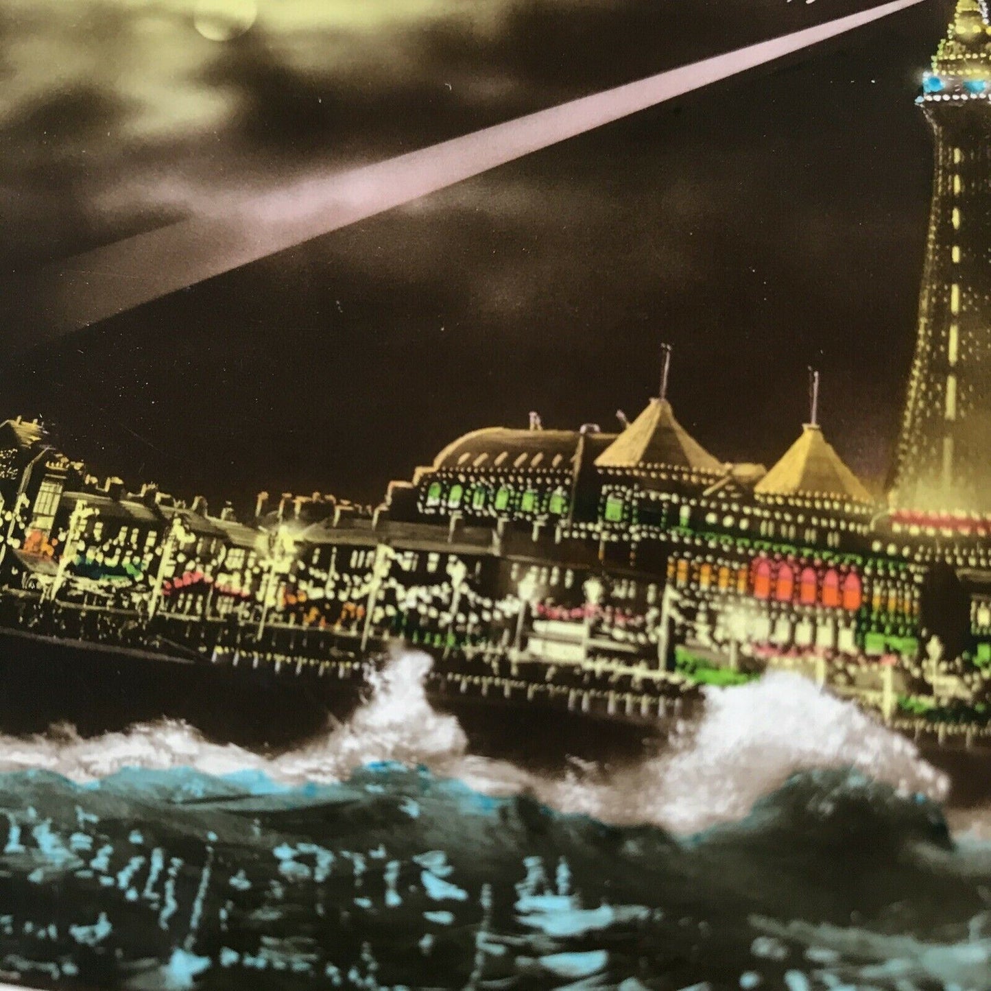 Vintage 1930s Tinted RP Postcard - ENGLAND - Blackpool Tower Illuminations Pier Waves Retro