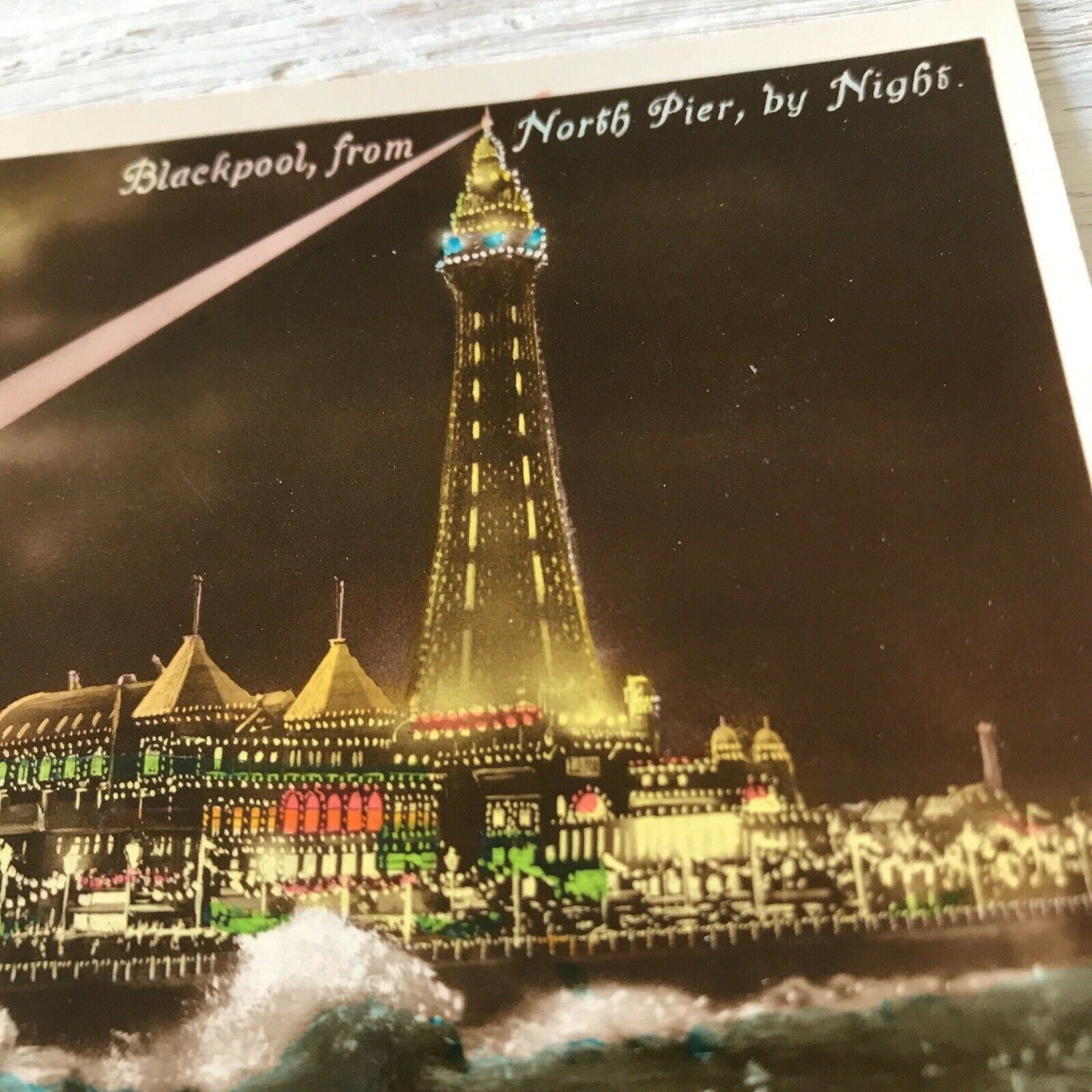 Vintage 1930s Tinted RP Postcard - ENGLAND - Blackpool Tower Illuminations Pier Waves Retro