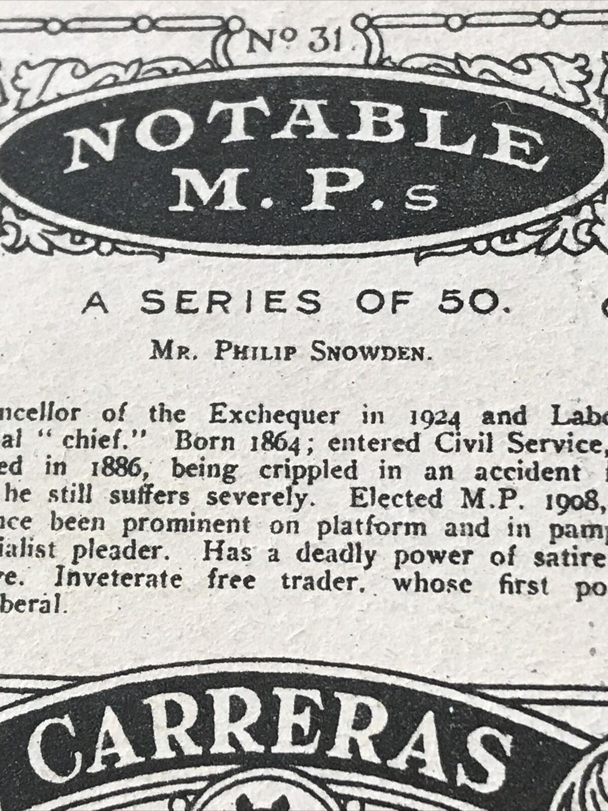 Vintage Carreras Cigarette Card Notable MPs Philip Snowden Labour Socialist