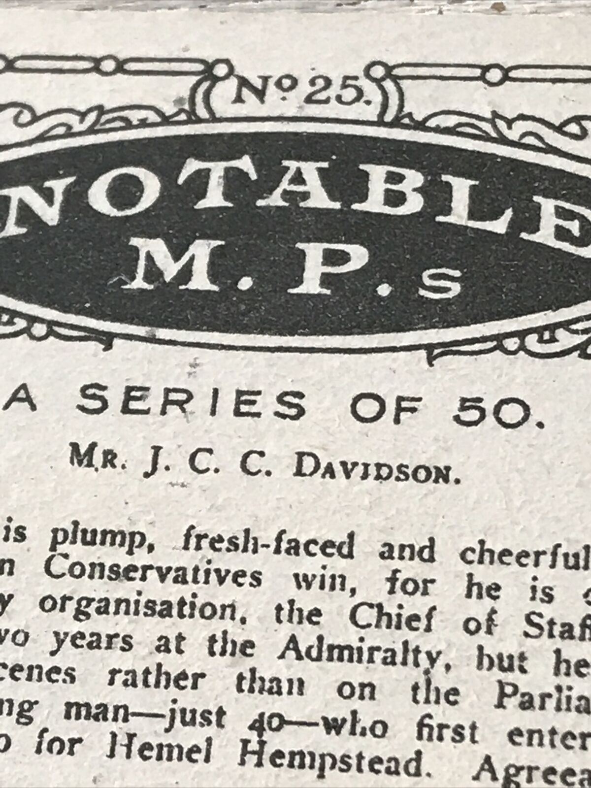 Vintage Carreras Cigarette Card Notable MPs J C C Davidson Conservative Hemel