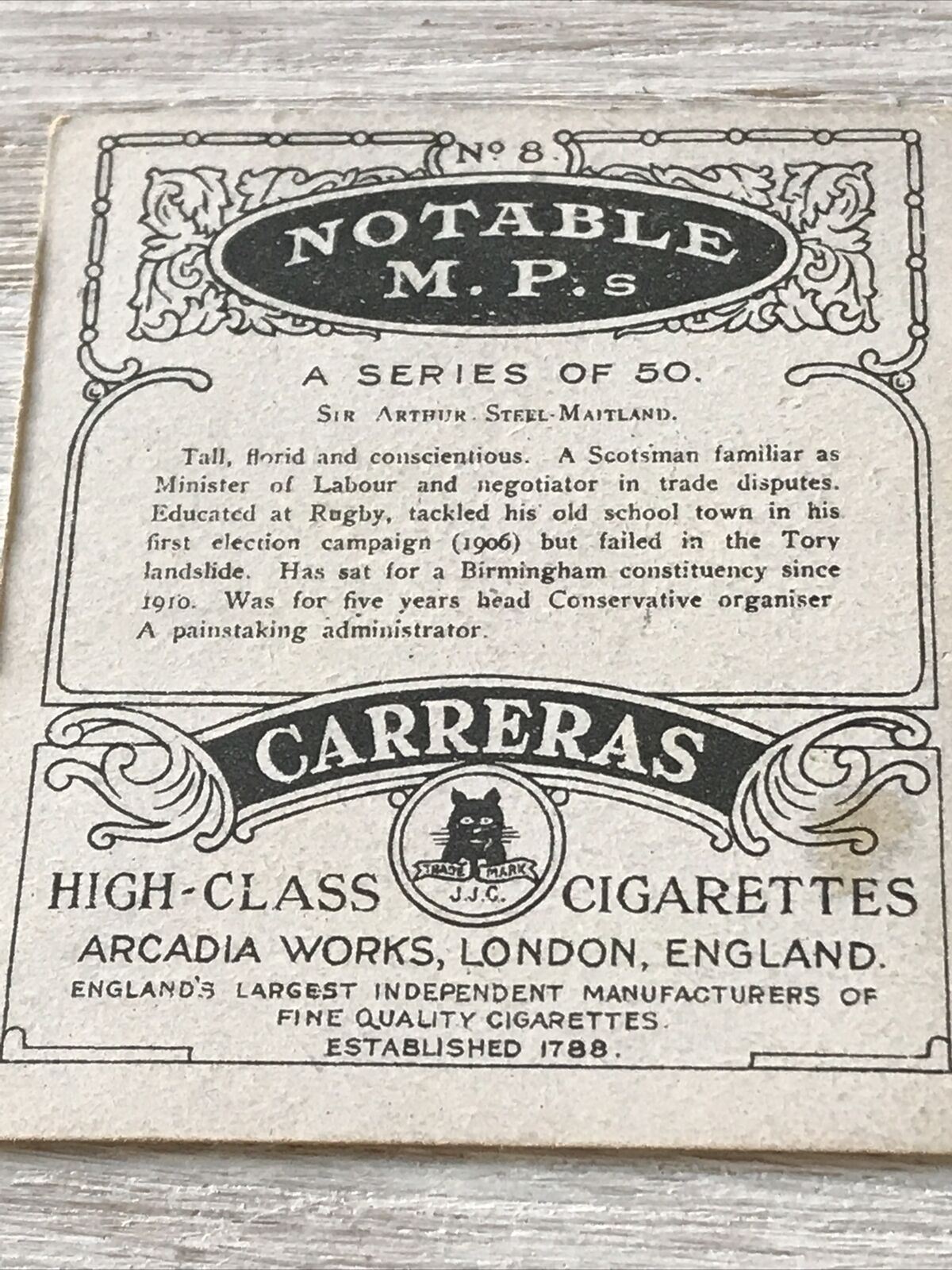 1920s Vintage Carreras Cigarette Card. Notable MPs. Sir Arthur Steel-Maitland Conservative. Rugby School.