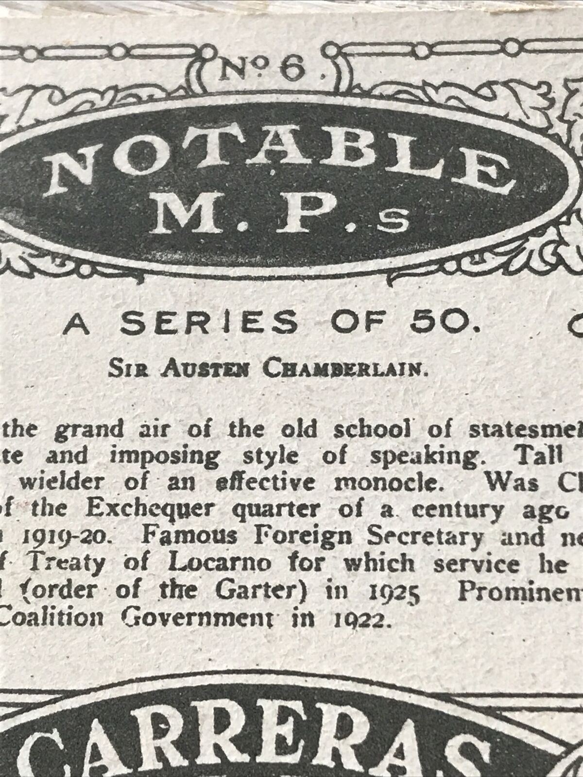 Vintage Carreras Cigarette Card Notable MPs Sir Austen Chamberlain