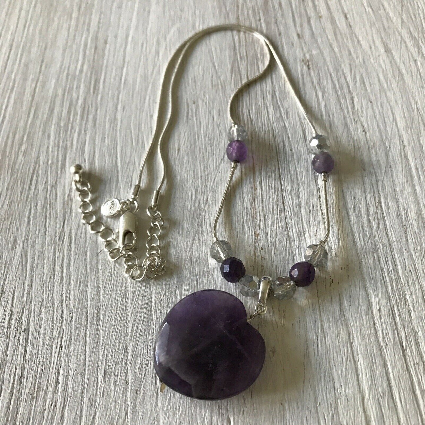 Pretty Heart Stone Purple Necklace - Silver Tone - Beaded - M&S - Good Condition