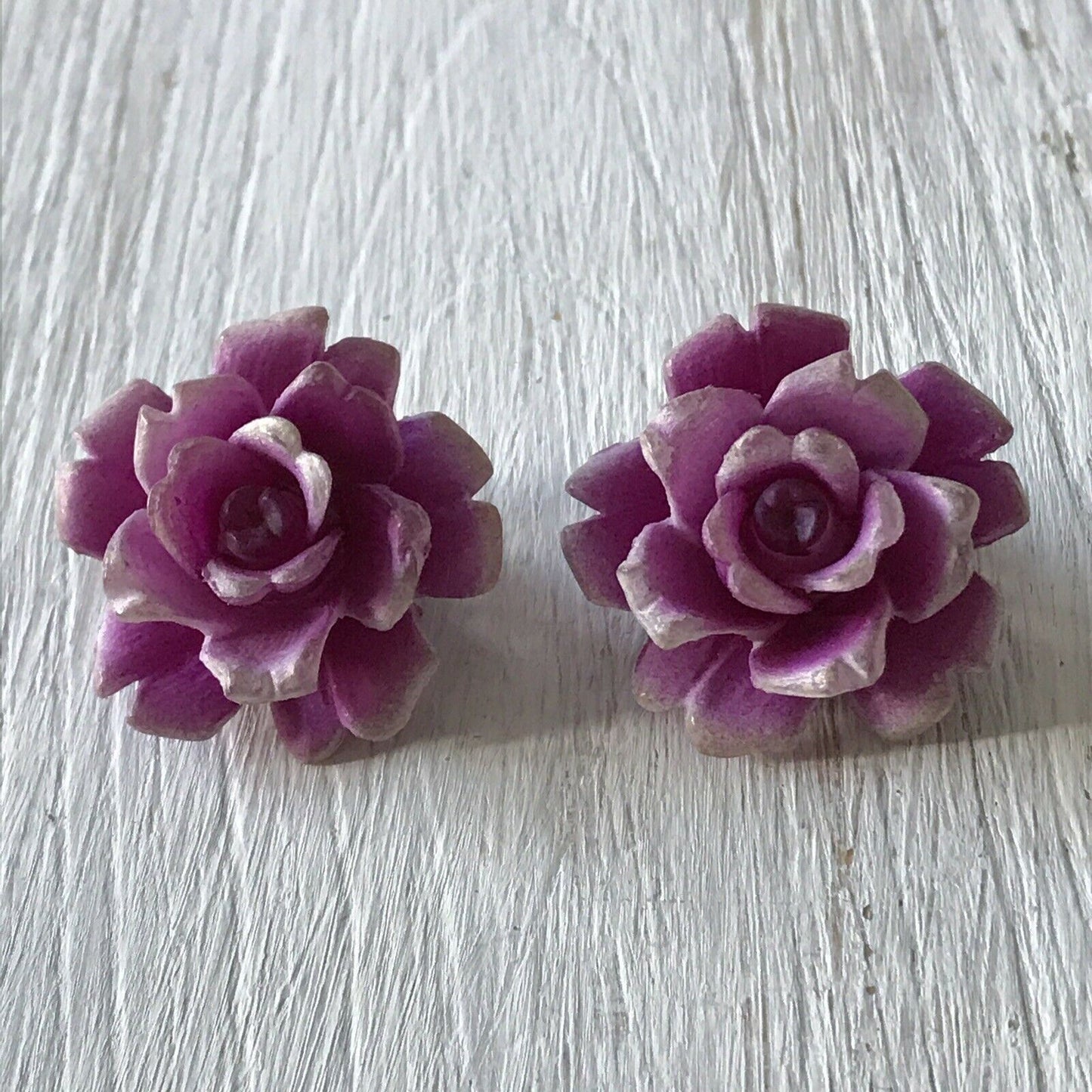 Retro Kitsch Plastic Large Flower Clip On Earrings - Purple / Pink