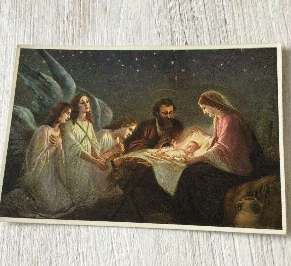 Vintage Art Postcard - The Nativity - Christian - Christmas - Mary Joseph Baby Jesus And Angels At Manger