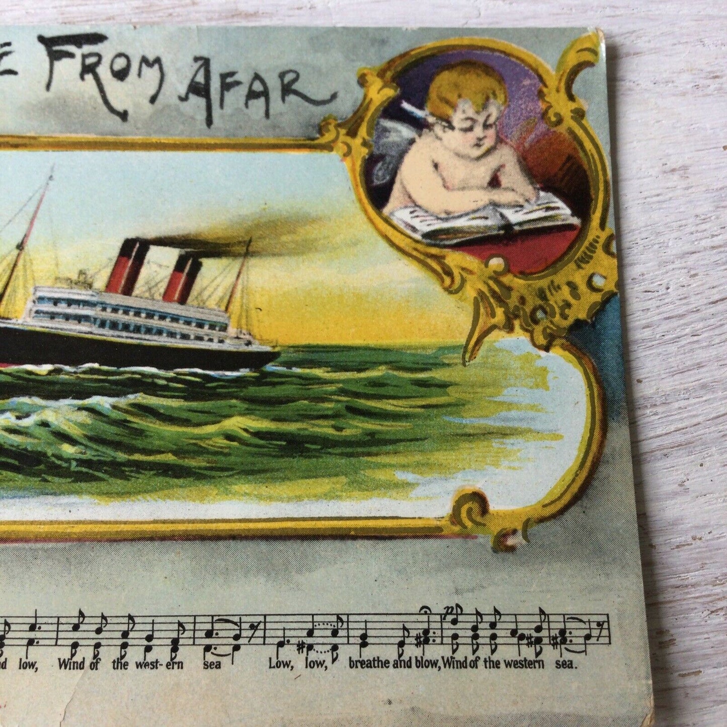 Vintage Postcard Love From Afar. Picture Of Ship Cupids Sweet & Low Wind Of