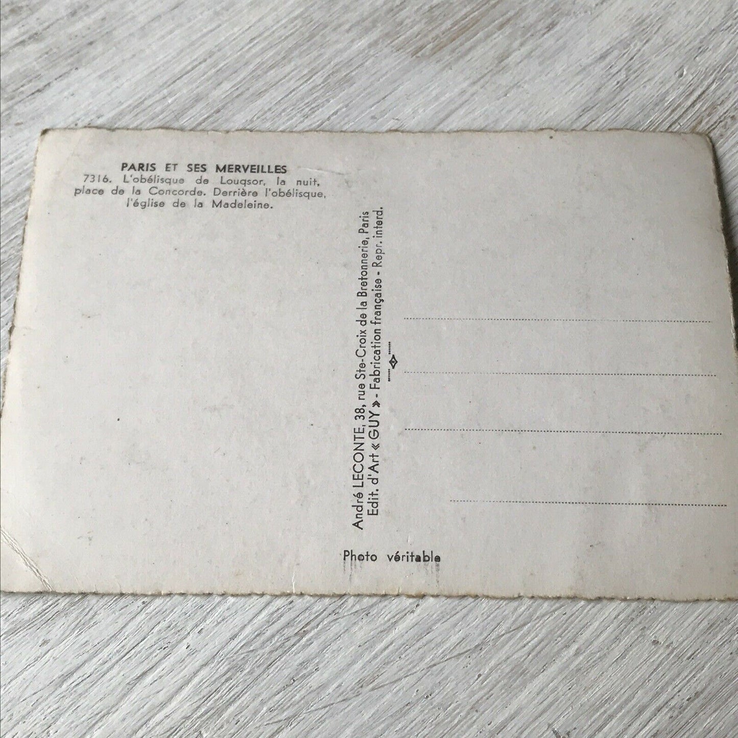 Vintage Postcard - FRANCE - Paris - Louqsor Obelisk - Place De La Concorde - Madeleine Church RP