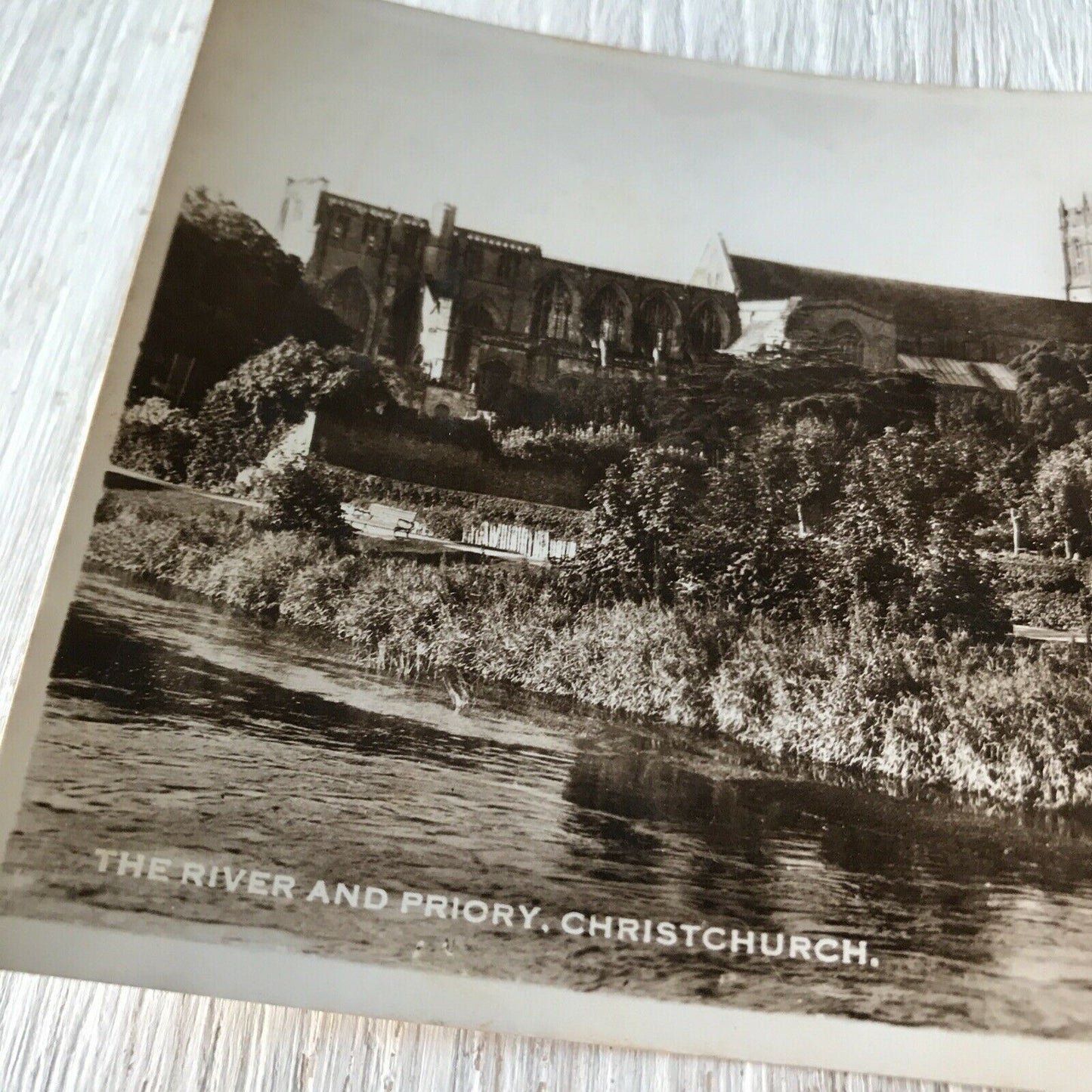Vintage Postcard RP Christchurch The River & Priory Black & White Sun Ray Series