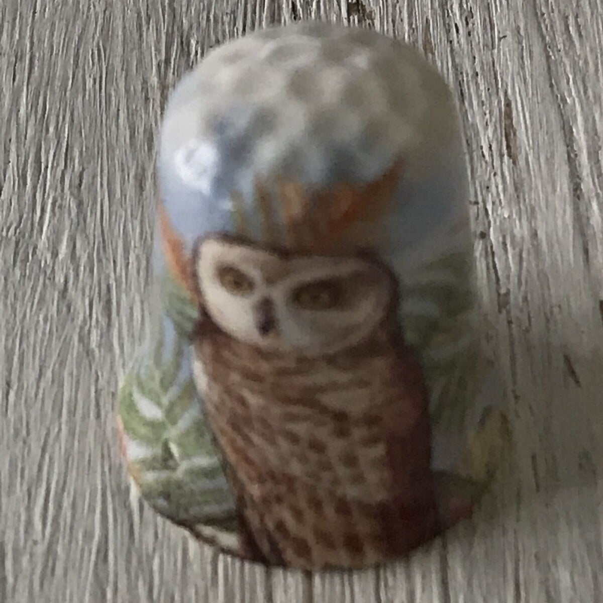 Bone China Thimble - Owl - Bird Design - The Thimble Guild - Rim slightly damaged - see photos